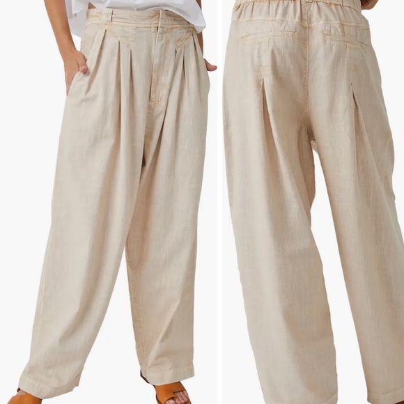 Free People Lotta Love Pleated Wide Leg Cotton Pants In Pebble. - Picture 5 of 12